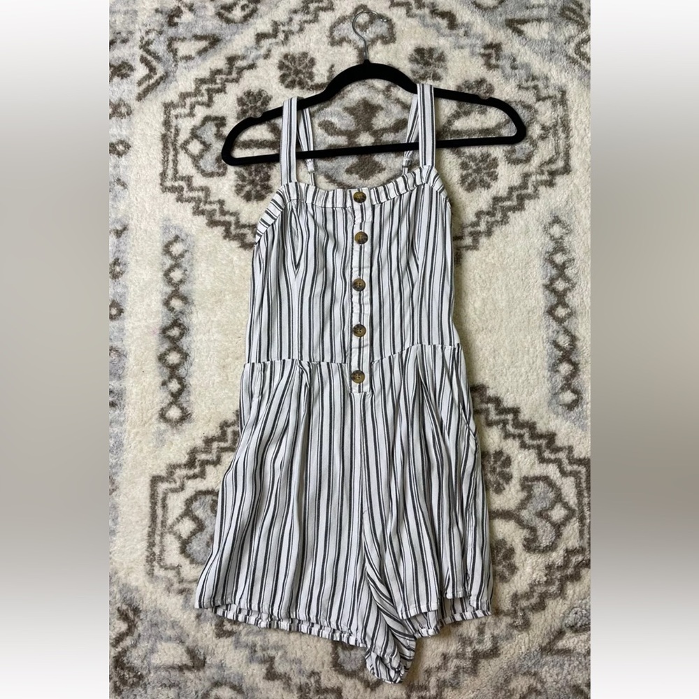 Hollister Womens Medium Romper Sleeveless Striped Half Button Shorts Pockets